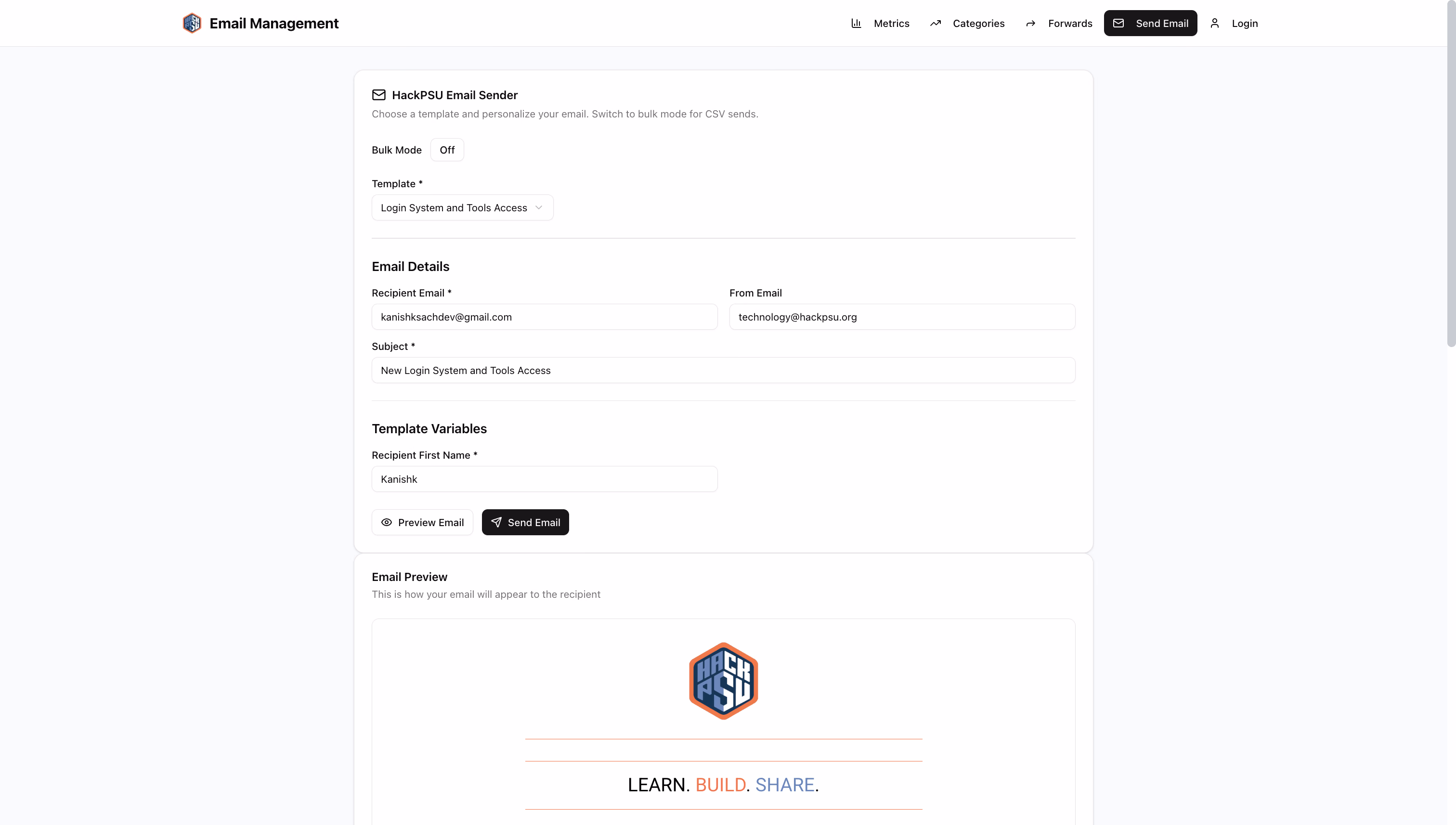 Preview of a templated email